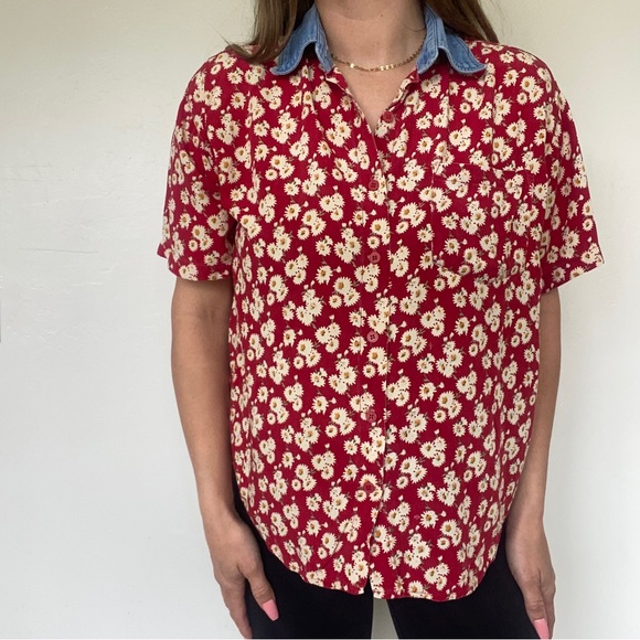 Vintage 90s Button Up Floral With Denim Collar Details Sportswear Size Small - Picture 1 of 5